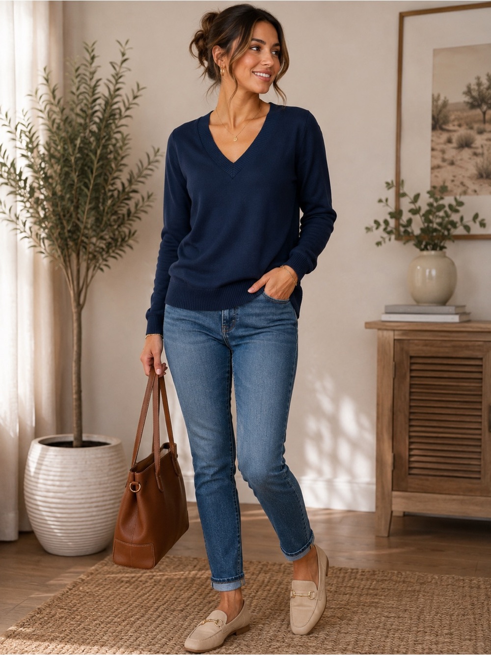 Lucky Brand Women's Navy V-Neck Long Sleeve Top